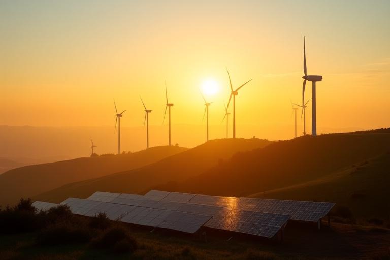 Wind turbines spinning gracefully on a hilly landscape at sunrise, with solar panels in the foreground, representing renewable energy forecasting.