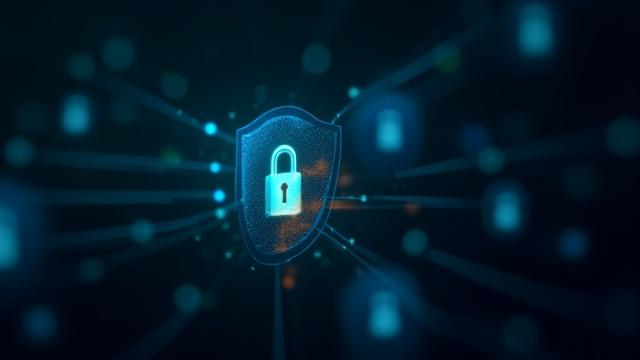 Abstract image representing data security and privacy, with digital shields and interconnected lines.